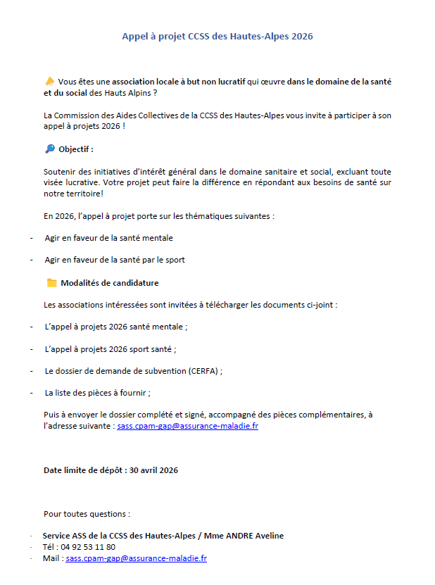 appel à projet CCSS 2026 sport et santé mentale