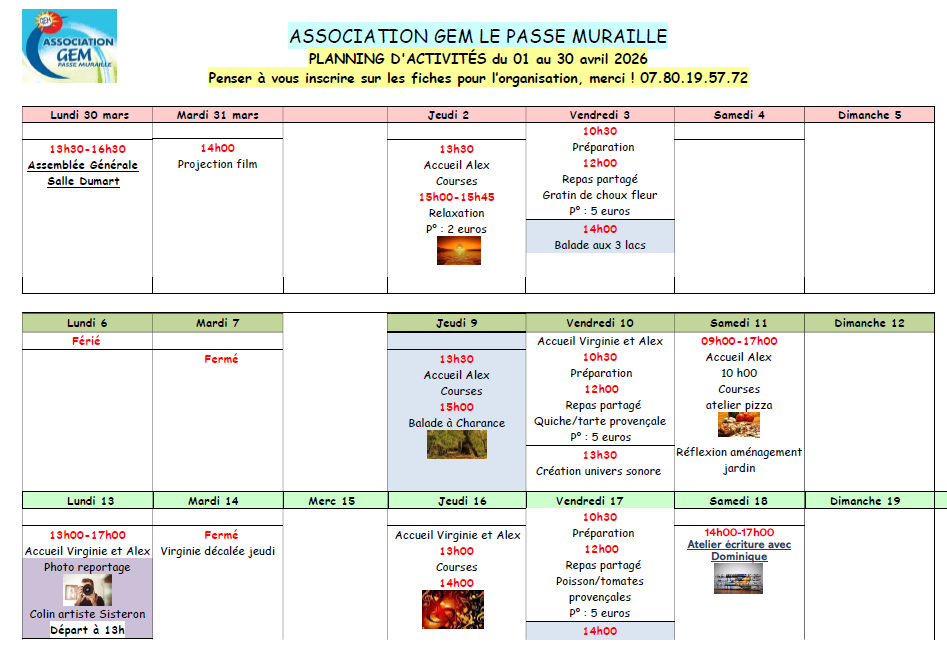 planning avril 2026 activité gem